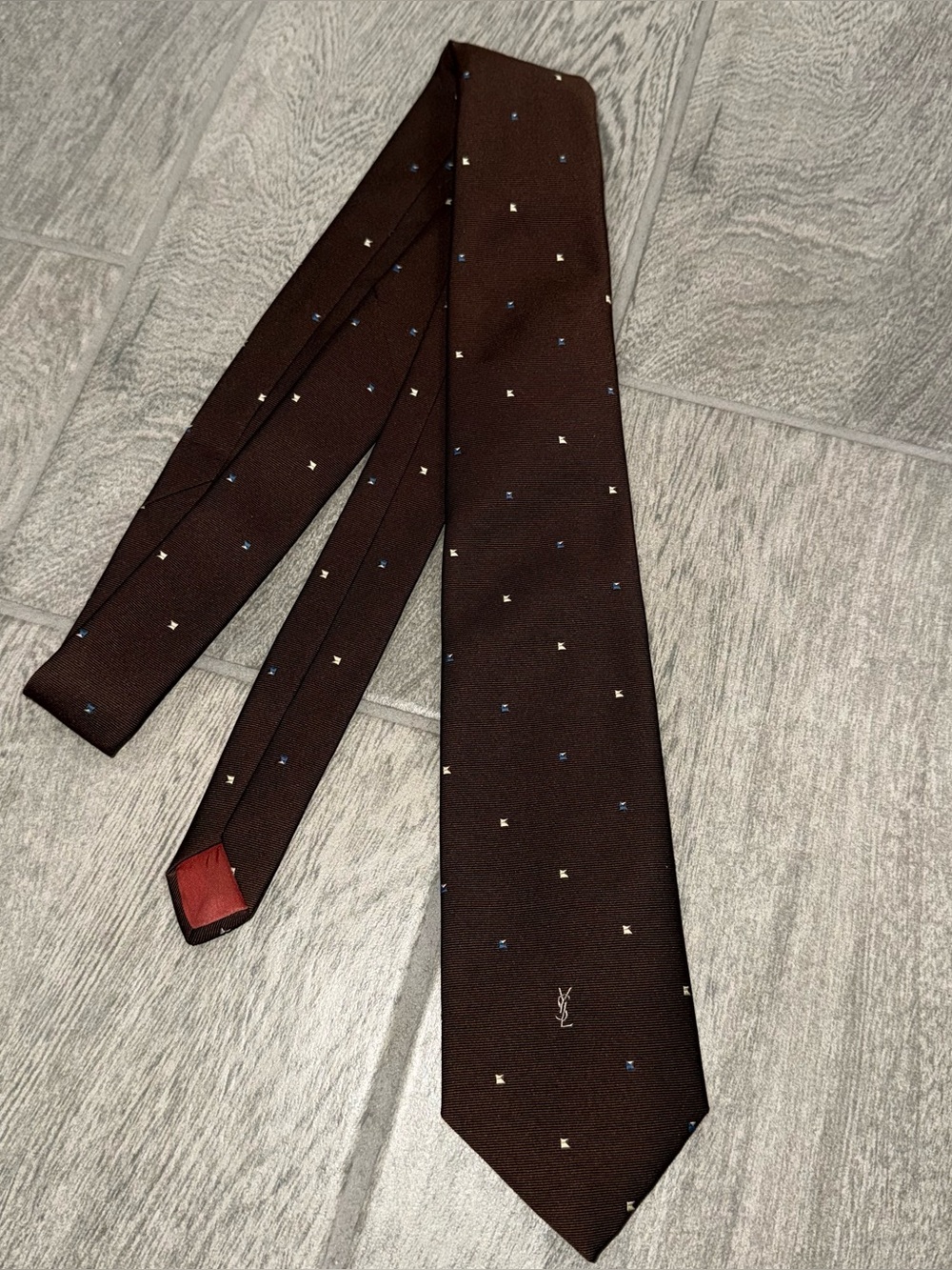 YSL Yves Saint Laurent Men’s Brown &  Small Blue And Ivory Embroidered pattern